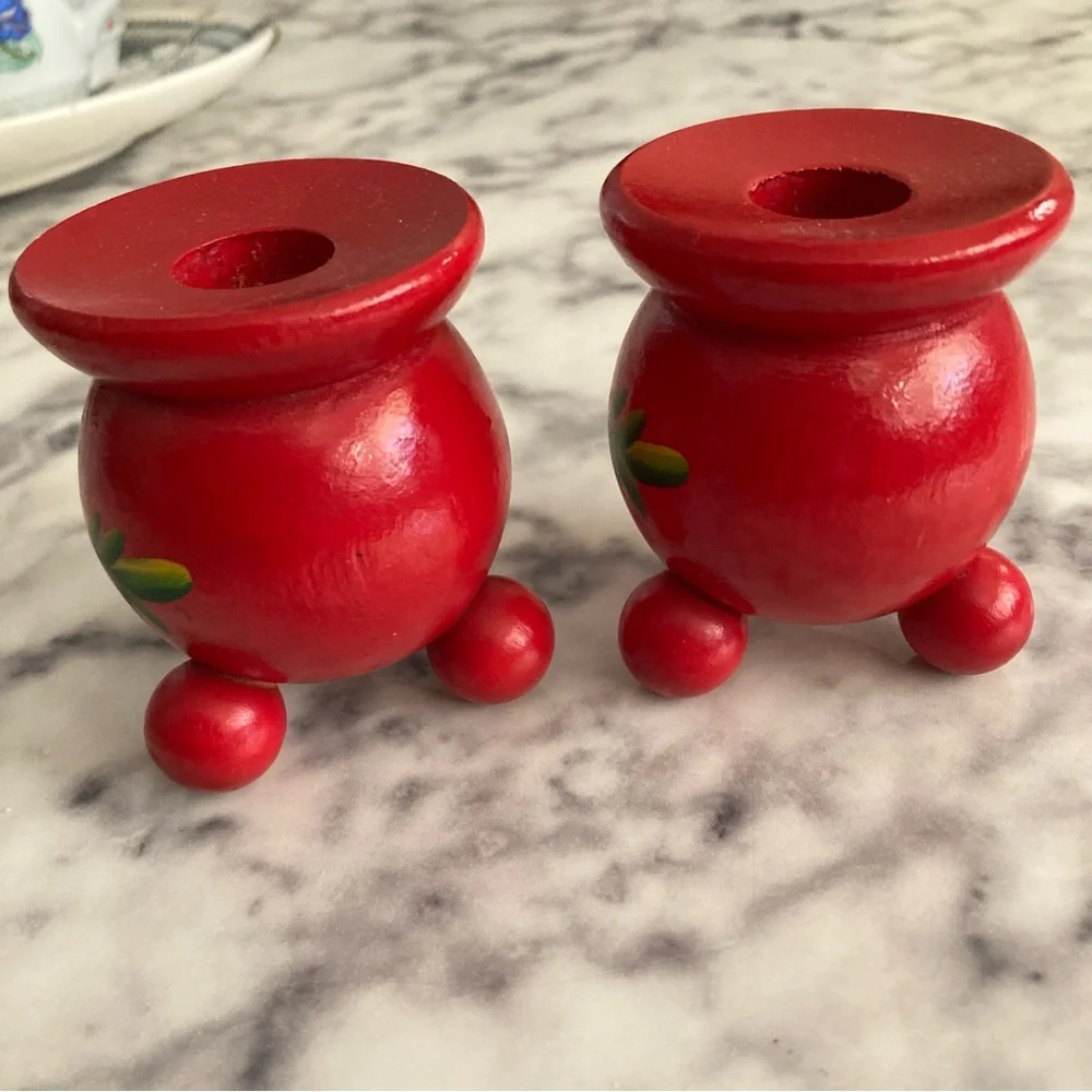 Vintage Swedish Red Floral Folk Art Candle Stick Holders Shelf Decor